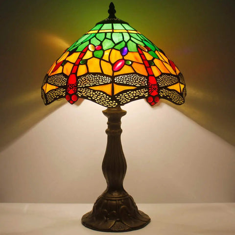 Green And Yellow Stained Glass Tiffany Dragonfly Table Lamp For Bedside And Desk Use, featuring vibrant stained glass dragonflies.