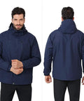 Dark blue 3 In 1 Waterproof Ski Jacket For Men With Inner Fleece Layer Hooded Windproof Snow Coat front and back view