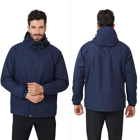 Dark blue 3 In 1 Waterproof Ski Jacket For Men With Inner Fleece Layer Hooded Windproof Snow Coat front and back view