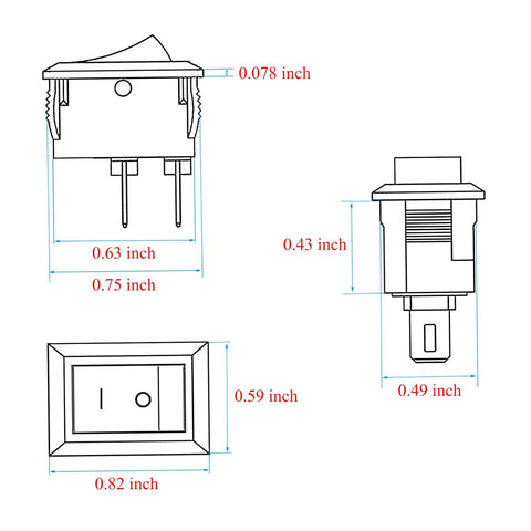 Technical drawing of 15 Pack SPST On Off Rocker Switches 2 Pin Round Mini Boat Car Auto Marine Toggle Switches 6A 250V And 10A 125V.
