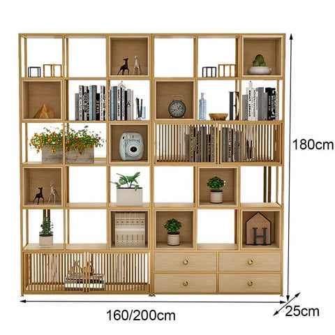 Heavy Duty Seven Tier Industrial Bookshelf Rustic Wood Storage Cabinet Freestanding Floor Display Rack Top Shelf in light wood with plants and books