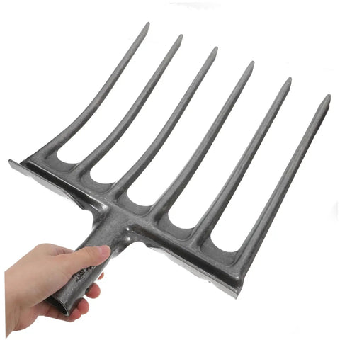Heavy Duty Steel Fork Head For Soil Turning And Loosening shown with easy mount handle, ideal for gardening and digging.