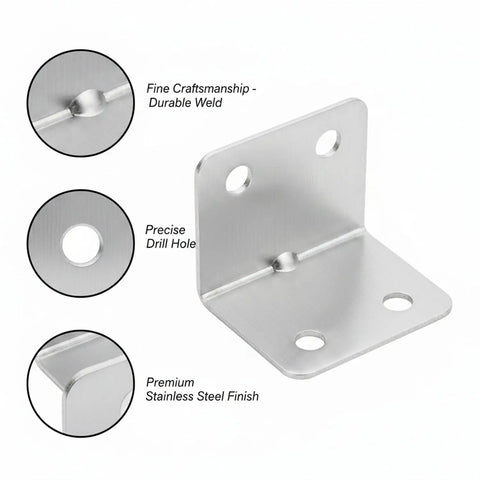 Close-up of Heavy Duty Stainless Steel L Brackets 100 Pack 11.8 Inch Corner Supports, showcasing durable welds and precise drill holes.
