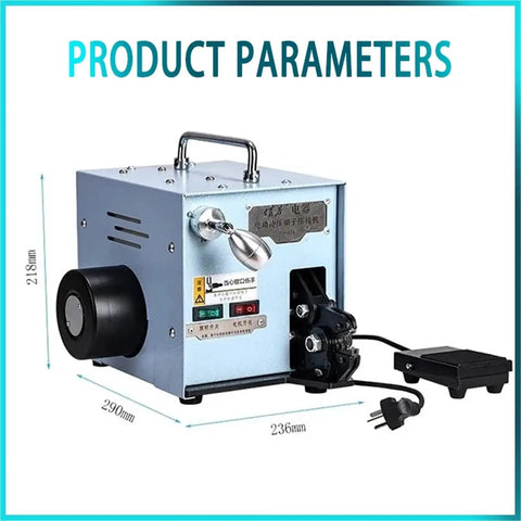 ZQFEE 60W Electric Tube Expander Terminal Crimper Tool With Replaceable Cold Pressing Molds side view showcasing controls and dimensions.