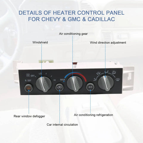 Easy Install AC Heater Climate Control Panel With Rear Window Defogger Switch Replacement For 1996 To 2000 Chevy C1500 C2500 Tahoe GMC Yukon Cadillac Escalade showing front view with labeled controls.