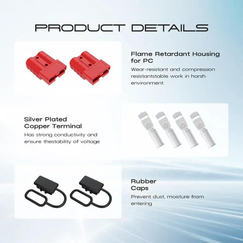 Super Braw Anderson Plug Connectors 50 Amp Heavy Duty Wire Harness with red connectors, silver terminals, and rubber caps for protection.