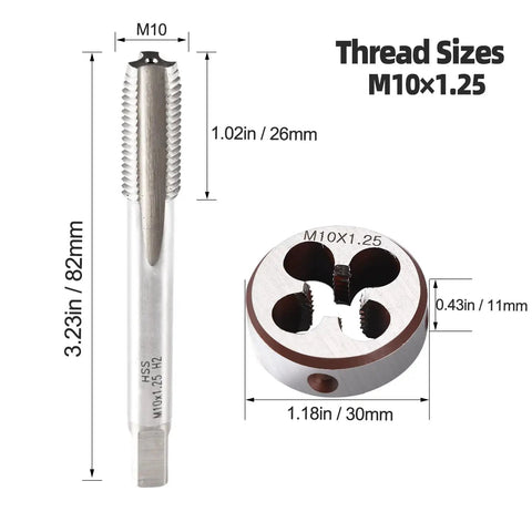 Pro Grade M10 X 1.25 Tap And Die Set For Metalworking, High Speed Steel HSS6542 Built To Last, thread sizes detailed view