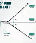Diagram showing 45° swing angles of Heavy Duty 12 Inch Automatic Water Flow Swing Faucet For Commercial Wok Range Wall Mounted Pro Grade.