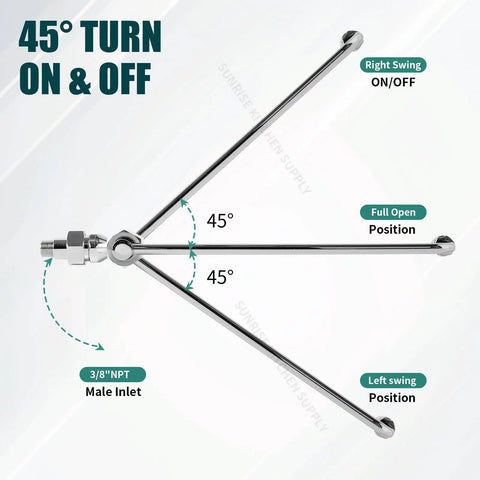 Diagram showing 45° swing angles of Heavy Duty 12 Inch Automatic Water Flow Swing Faucet For Commercial Wok Range Wall Mounted Pro Grade.