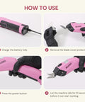 Heavy Duty Cordless Electric Scissors With A Badass 10000 Rpm Blade Assembly And Rechargeable 4v Battery System showing usage steps for easy trimming.