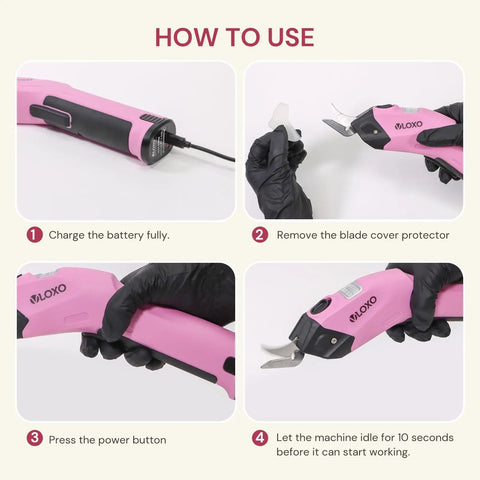 Heavy Duty Cordless Electric Scissors With A Badass 10000 Rpm Blade Assembly And Rechargeable 4v Battery System showing usage steps for easy trimming.