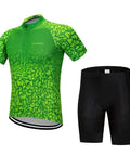 Green and black cycling jersey and shorts set with abstract pattern, front view