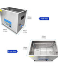 Massive 38 Liter Ultrasonic Parts Cleaner With 720 Watts Of Raw Power For Shattering Stubborn Grime showing dimensions and design.