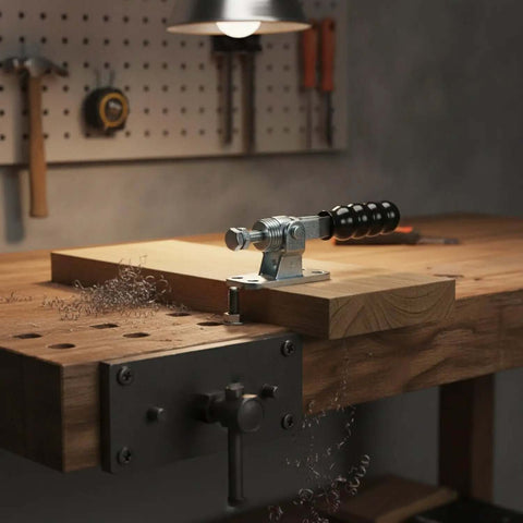 Compact 2.77 Inch Zinc Plated Toggle Clamp For Woodworking And Welding on a wooden workbench in a workshop setting.