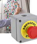 Red Emergency Stop Push Button Switch 22mm Aluminum Enclosure next to industrial control panel in use