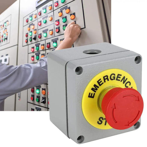 Red Emergency Stop Push Button Switch 22mm Aluminum Enclosure next to industrial control panel in use