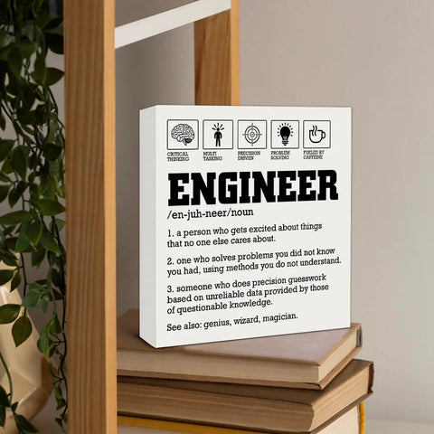 Engineer Definition Wooden Box Sign Decor For Home And Office on shelf, 5x5 inch wall art and shelf decor with plant