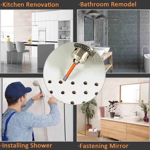 BeQell porcelain tile diamond drill bits set, 2 pcs, 1/4 in hex shank, dry core bit kit, for quartz and ceramic, close-up view.