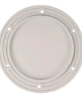 Top view of Designer Series Screw Down Deck Plates for Boats and RVs, 6 inch outer diameter, textured white non-corrosive material