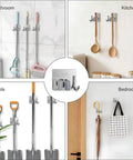 Five Pack Wall Mounted Mop And Broom Holder Set With Stainless Steel Hangers for various rooms and tools organization.