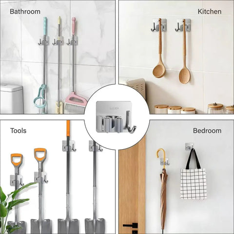 Five Pack Wall Mounted Mop And Broom Holder Set With Stainless Steel Hangers for various rooms and tools organization.