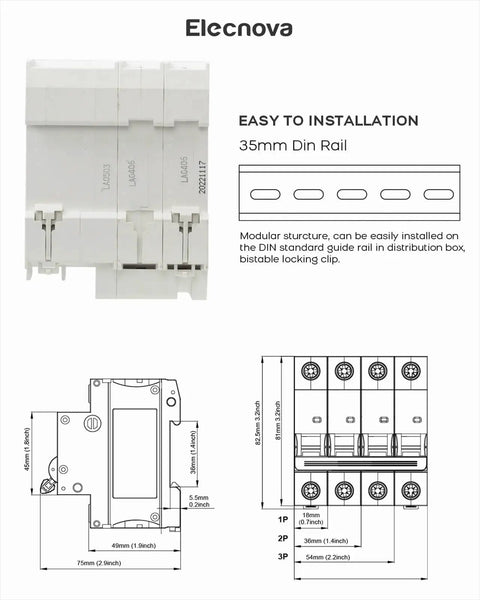 Pro Grade Heavy Duty 40 Amp 2 Pole Din Rail Mount Leakage Protection Miniature Circuit Breaker showing installation details and dimensions.