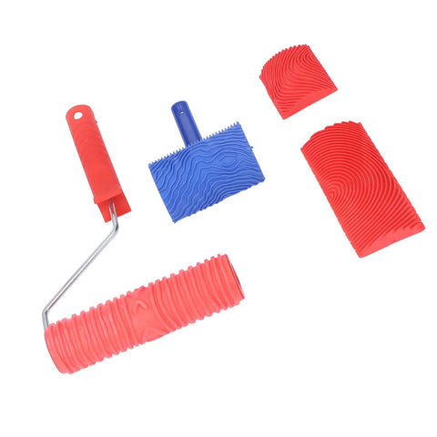 Complete Wood Graining Roller Kit Comes With Slick Rubberized Paint Rollers And Multiple Pattern Attachments For Effortless Faux Finish Wall Art And Wood Furniture Makeovers With Zero Sweat Or Hassle, featuring red rubberized rollers and blue pattern attachment.