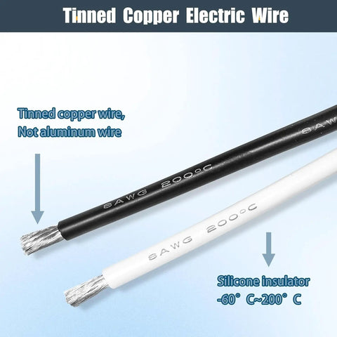 Tinned Copper Electric Wire: 8 AWG, black and white wires with silicone insulation, 200°C heat resistant.