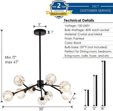 Technical details of Sputnik Style Black Crystal Chandelier For Dining Room Over Table 9 Light Modern Pendant Lighting.