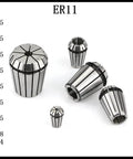 Precision ER11 Collet Chuck Holder For CNC Milling Engraving Machines 1-8mm Range showing collets in various sizes.