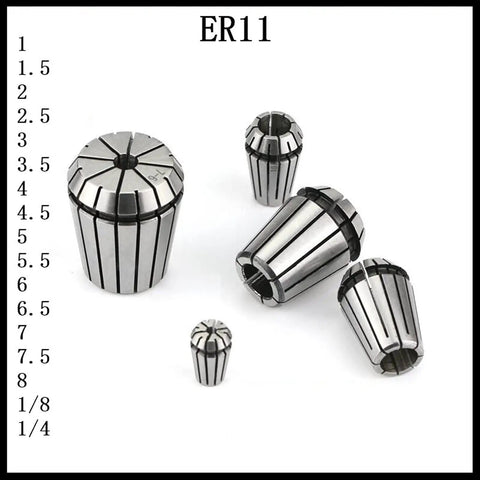 Precision ER11 Collet Chuck Holder For CNC Milling Engraving Machines 1-8mm Range showing collets in various sizes.