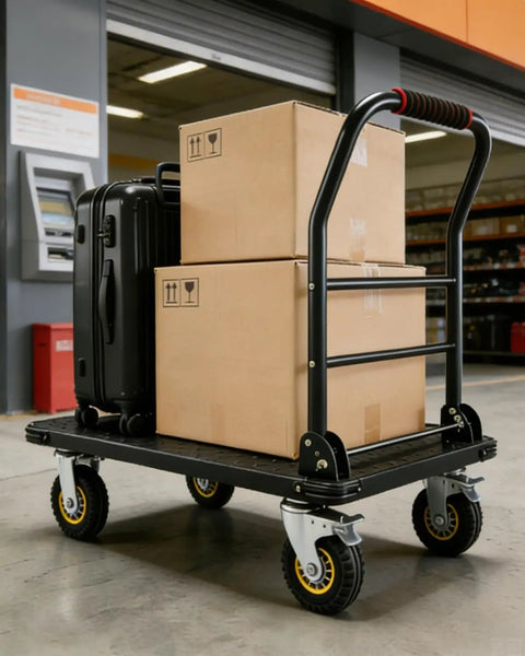 Beefy 1800 Lbs Steel Platform Cart With 36x24 In Deck For Warehouse Hauling And Home Shop Use Heavy Duty Utility Cart To Move Boxes Equipment Appliances And Pallets Stable Rolling With Locking Casters And Easy Grip Handle, loaded with boxes