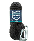 Poly Winch Rope With Steel Hook 3/8 In By 20 Ft, Heavy Duty Twisted Polypropylene, black rope coiled with metal hook visible