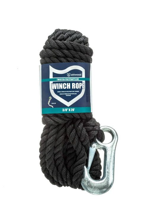 Poly Winch Rope With Steel Hook 3/8 In By 20 Ft, Heavy Duty Twisted Polypropylene, black rope coiled with metal hook visible