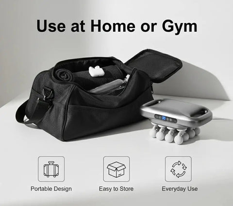 Bag with Beast 16 Head Deep Tissue Massager With Heat For Full Body Relief next to portable design graphic on table.