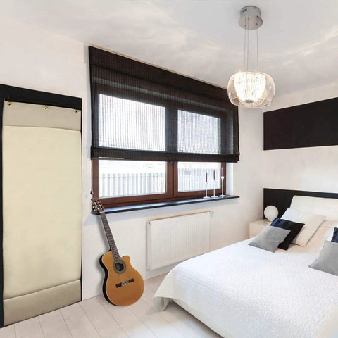 Premium White Soundblocking Sheet With Heavy Duty Mass Loaded Vinyl To Quiet Down Any Space Fast and Roll Out Eco Friendly Acoustic Blanket installed in a bedroom.