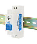 Heavy Duty Din Rail Power Supply 15 Watt 12 Volt Direct Current 1.25 Amp Output on metal guide rail with clear indicators.