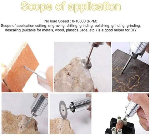 Mini Table Saw For Rock And Jewelry Making With Flexible Shaft 0 To 10000 RPM showing various cutting and drilling applications.