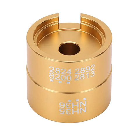 Watch Movement Holder Aluminum Alloy Base For 2824, 2892, 8200, 2813, NH35, NH36 Pro Repair Tool showcasing size and markings.