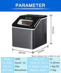 Close-up of Portable Countertop Ice Maker Cranks Out 55 Pounds Of Fast Freezing Cubes In 24 Hours With LED Display and measurements visible.