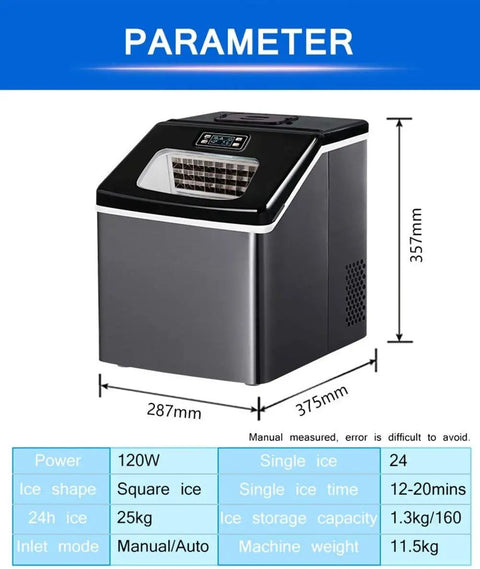 Close-up of Portable Countertop Ice Maker Cranks Out 55 Pounds Of Fast Freezing Cubes In 24 Hours With LED Display and measurements visible.