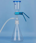 Vacuum Filtration Set With Borosilicate Glass Filter Flask 1000 Milliliters, 10 Micron Sand Core Filter Plate, And 300 Milliliters Graduated Beaker For General Filtration And Precise Vacuum Filtration In The Lab, showing assembled setup.