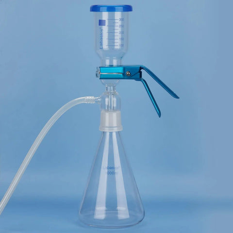 Vacuum Filtration Set With Borosilicate Glass Filter Flask 1000 Milliliters, 10 Micron Sand Core Filter Plate, And 300 Milliliters Graduated Beaker For General Filtration And Precise Vacuum Filtration In The Lab, showing assembled setup.