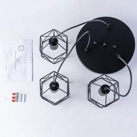 Industrial 3-Light Pendant Light With Black Metal Cage Shade viewed from above showing components and instructions