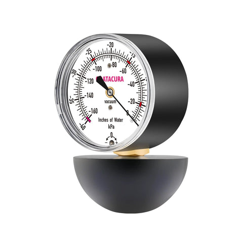 GOATACURA vacuum suction gauge with a 2.5-inch dial, 0–160 inches of water, chrome bezel on a black base