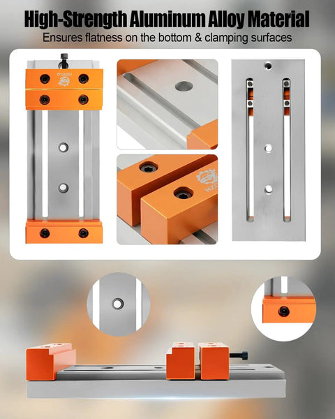 Compact Aluminum Alloy Bench Vise Featuring Slick Low Profile Build Dead Simple Setup Rock Solid Grip For CNC Engraving Machines Quick Wood Metal Plastic Milling Jobs, showcasing high-strength alloy with clamping surfaces.