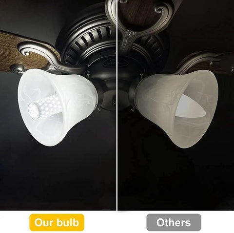 Comparison of Daylight 6000K 16W LED E12 Candelabra Bulbs Delivering 1500 Lumens vs traditional bulb in ceiling fixture.