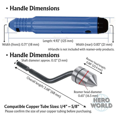 Deburring Tools And Countersink Hand Reamer dimensions for copper pipe 1/4 to 5/8 inch with ergonomic handle and blade details