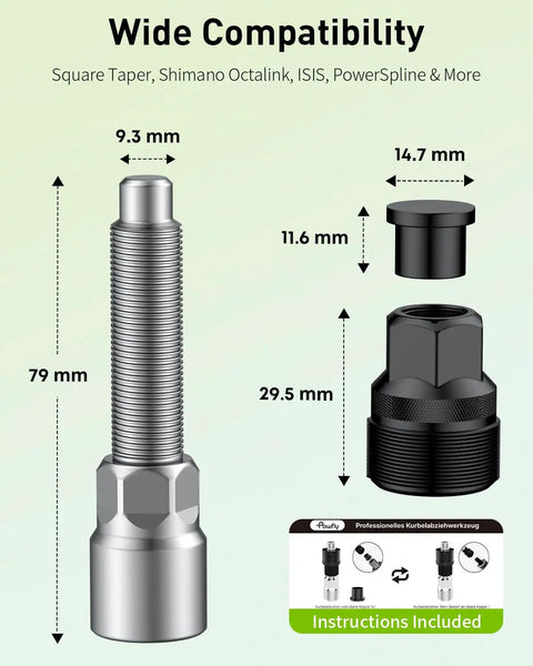 Dimensions of heavy-duty Bike Crank Puller Kit with Wrench and Top Cap for quick crank arm removal, bottom bracket tool displayed