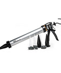 20 Oz Sausage And Bulk Caulk Gun With 26 To 1 High Thrust For Thick Adhesives, metal construction, shown with nozzles and accessories